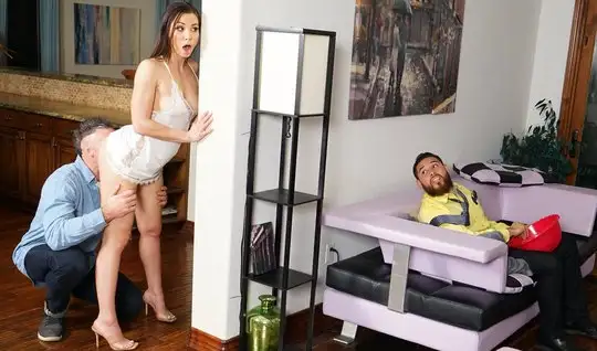 While her husband is asleep his wife is cheating him with a young step...